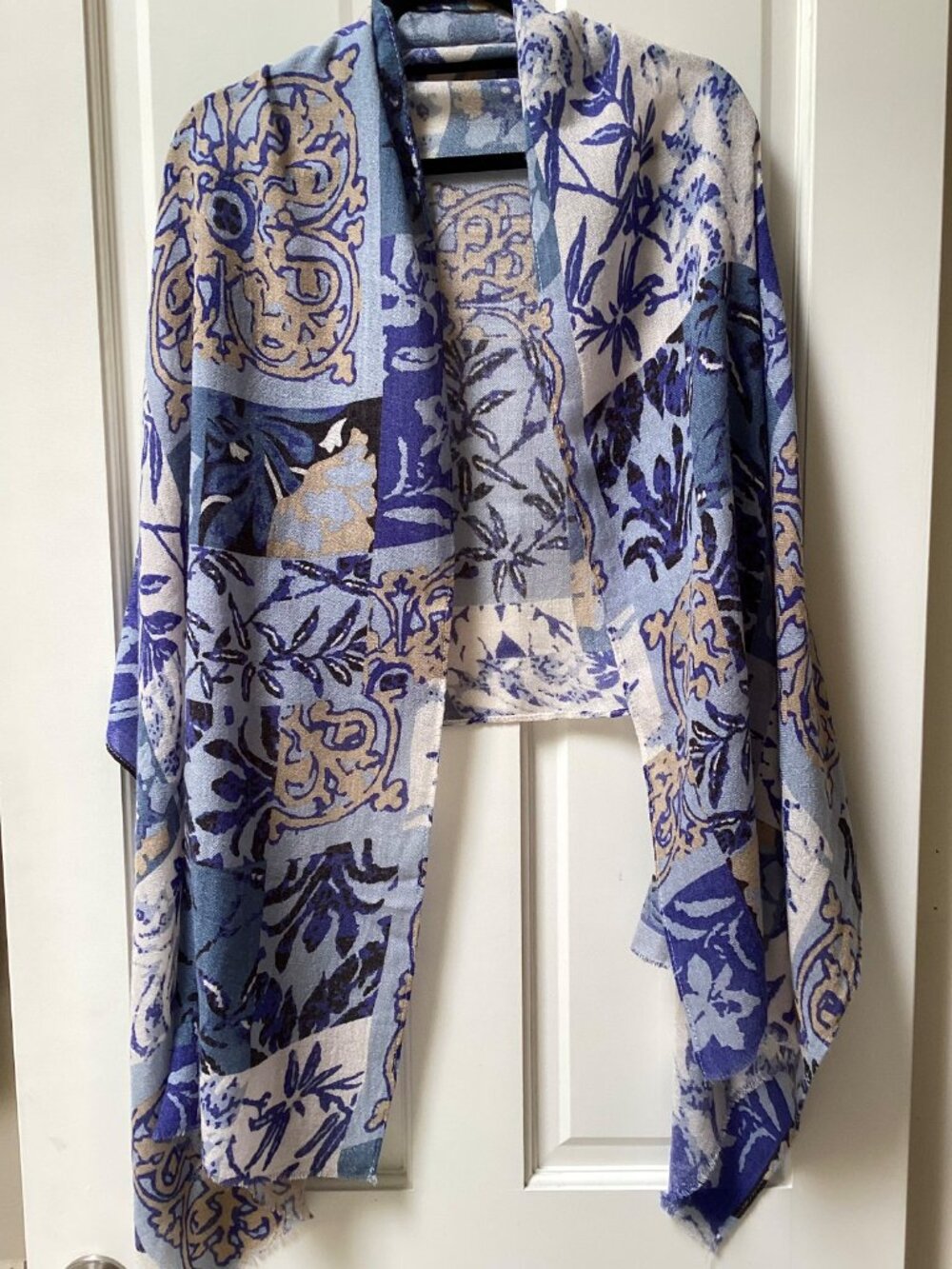 Blue and tan floral shawl, wrap, scarf - 74"x 28"